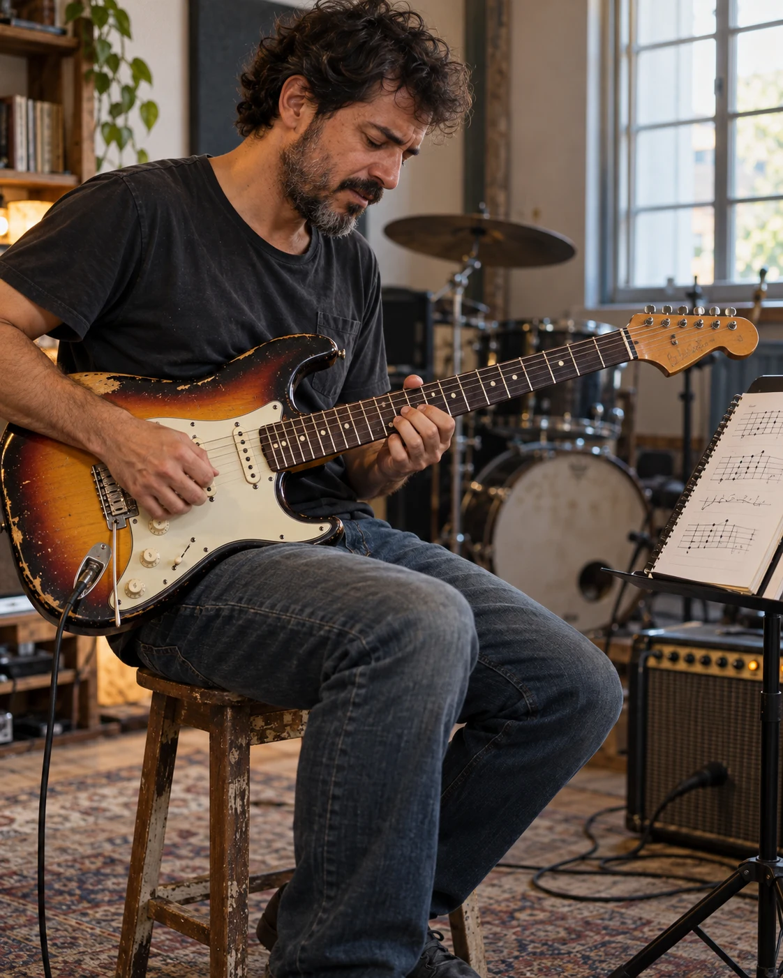 Guitarrista aplicando ideias de um caderno de estudo ao fraseado, em uma sessão de prática musical — cena ilustrativa